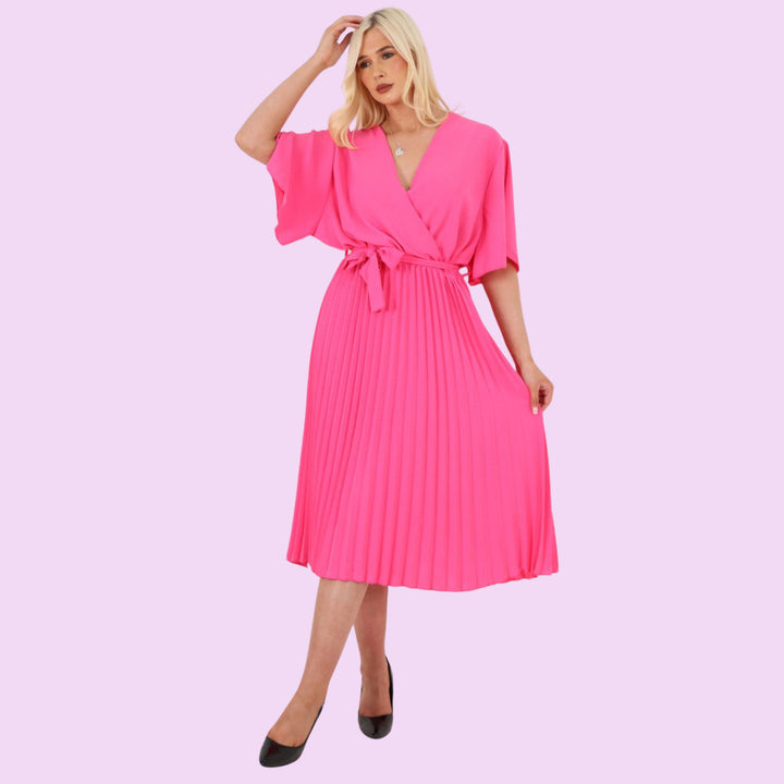 Pleated Belted Wrap Midi Dress