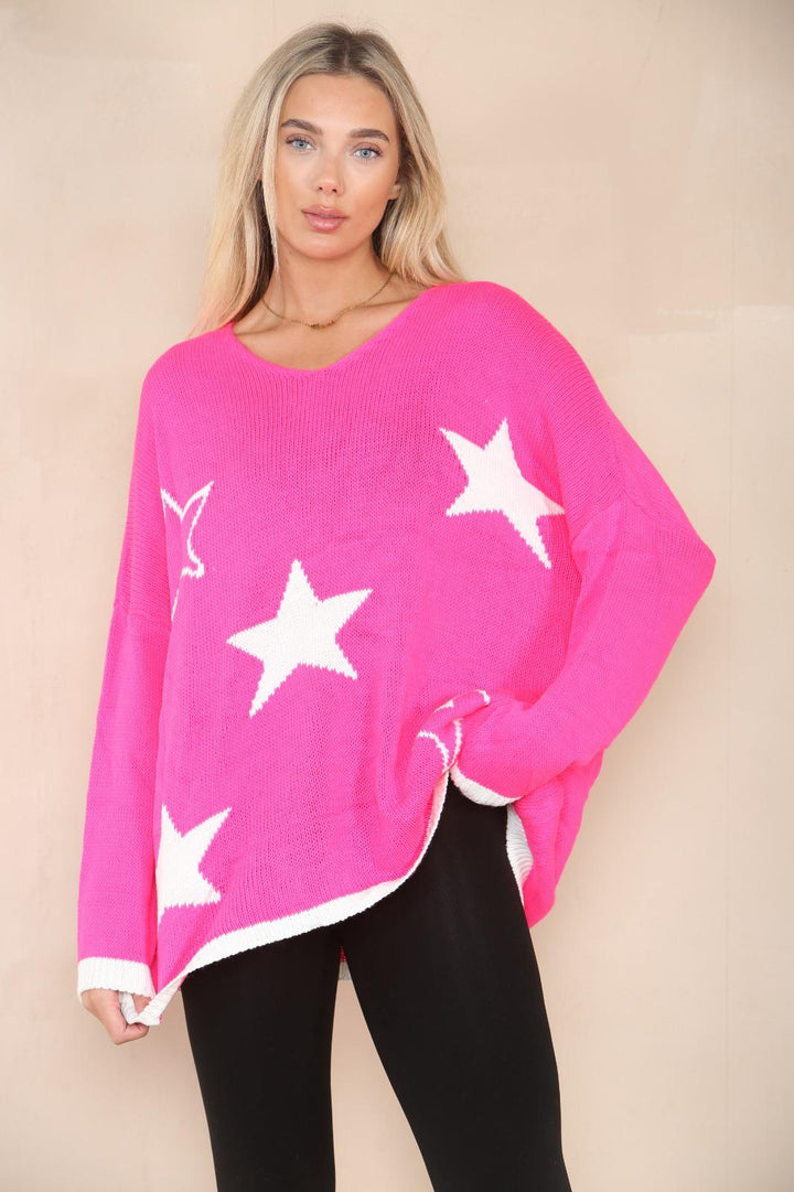 Star Print Oversized V Neck Jumper