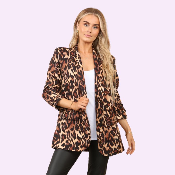 Leopard Print Blazer Open Front Pocket Jacket