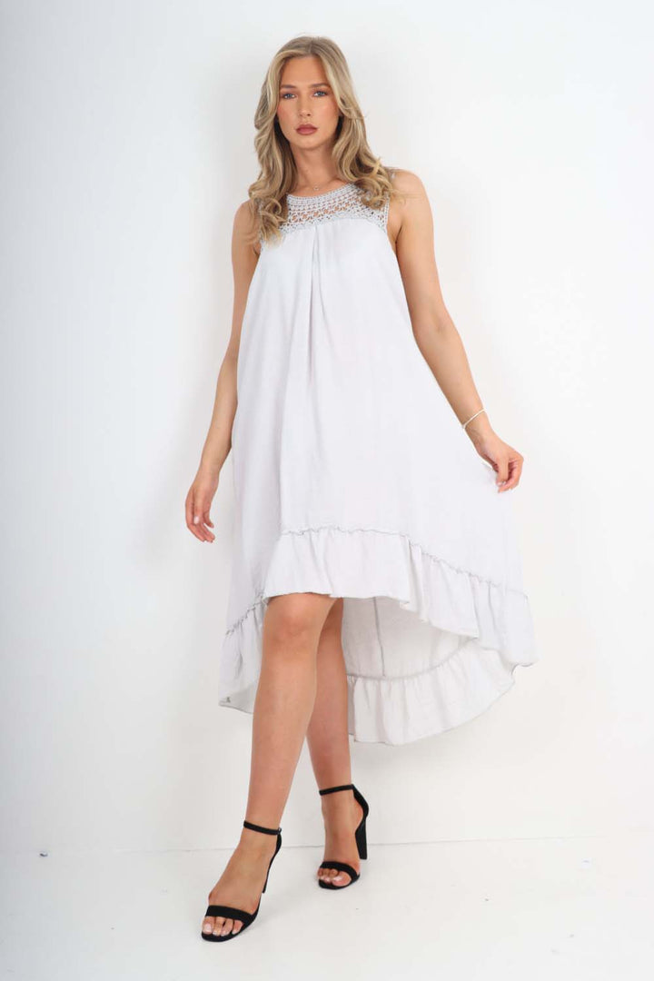 Italian Lace Neckline Dipped Hem Dress