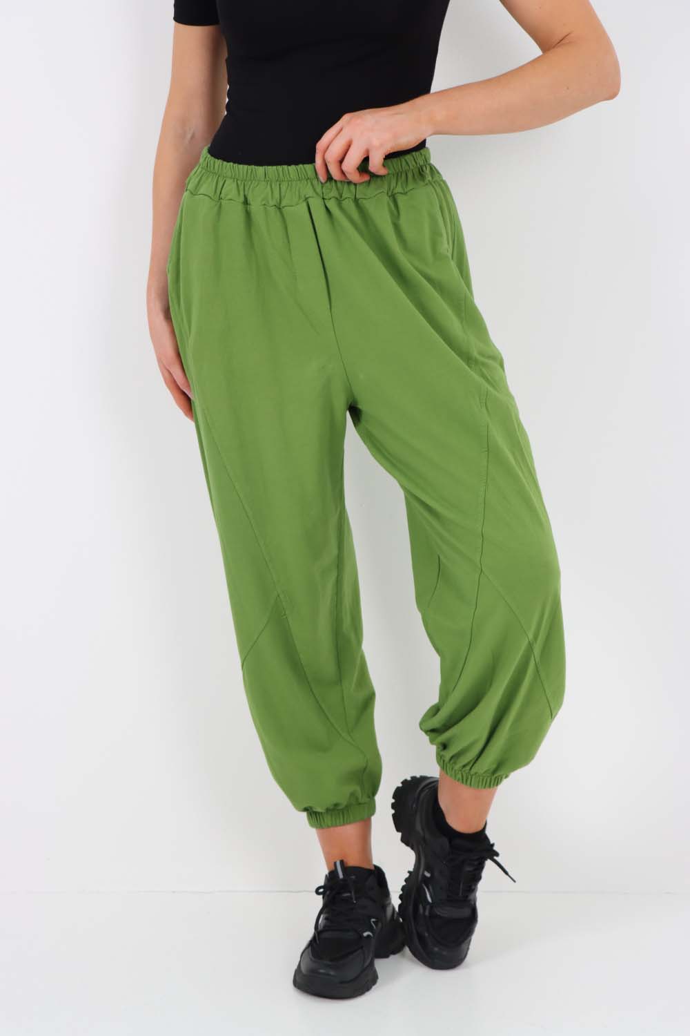 Italian Ruched Hem Cotton Trousers With Side Pockets