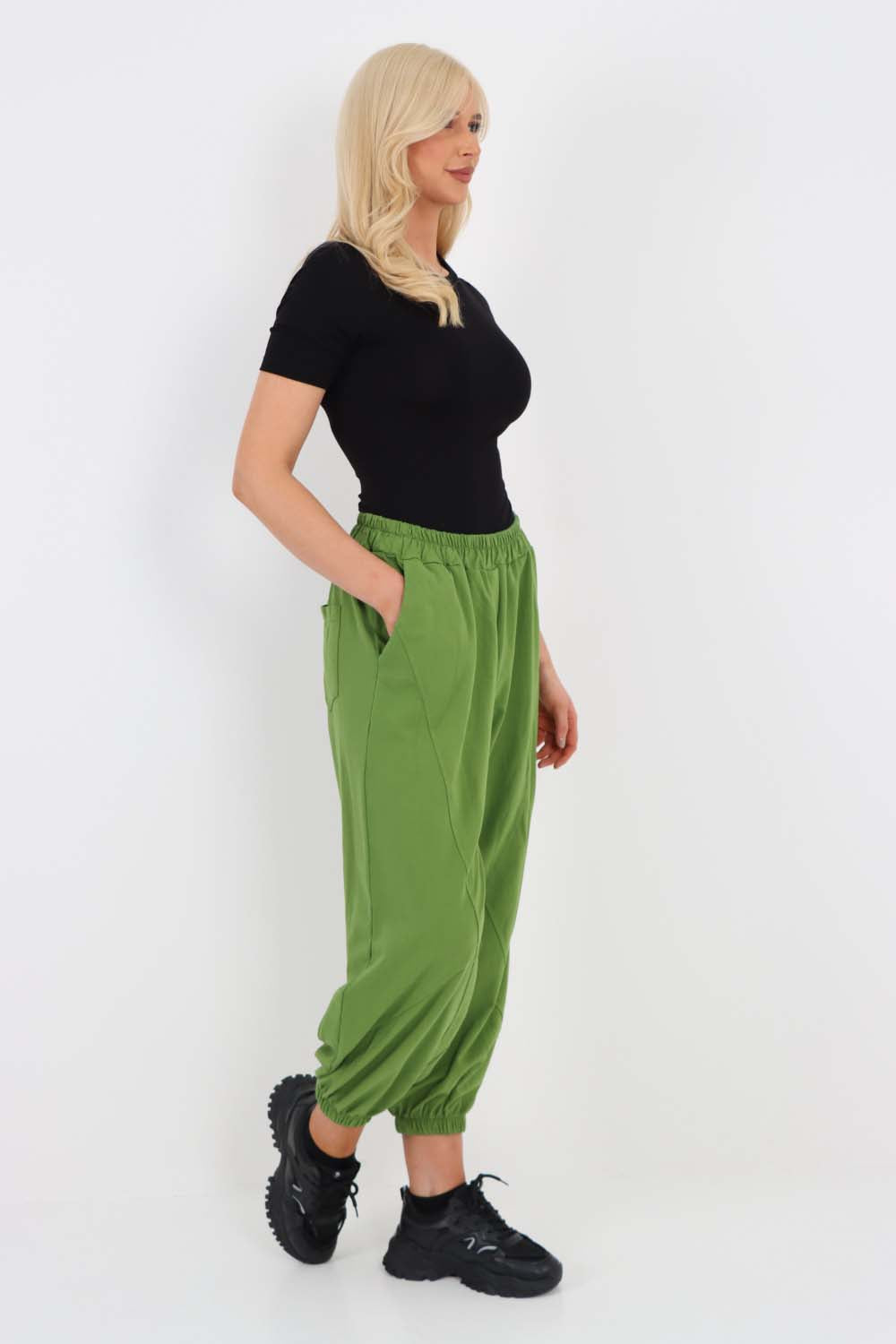 Italian Ruched Hem Cotton Trousers With Side Pockets