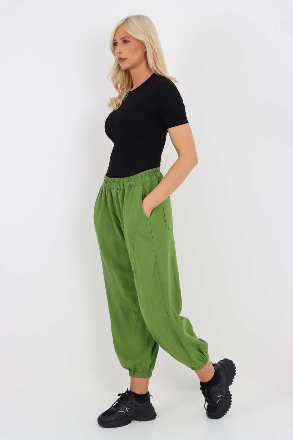 Italian Ruched Hem Cotton Trousers With Side Pockets