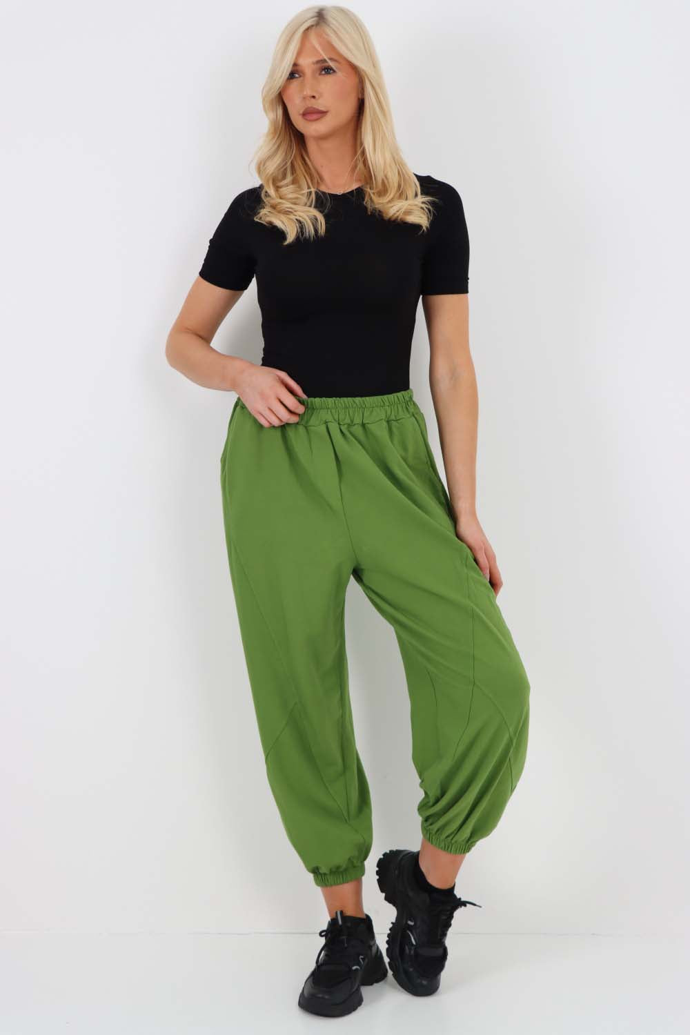 Italian Ruched Hem Cotton Trousers With Side Pockets