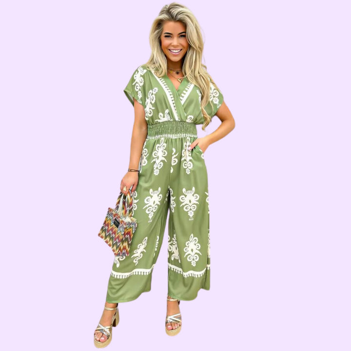 PRINTED SHORT SLEEVE V-NECK WIDE LEG JUMPSUIT