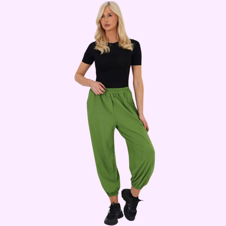 Italian Ruched Hem Cotton Trousers With Side Pockets