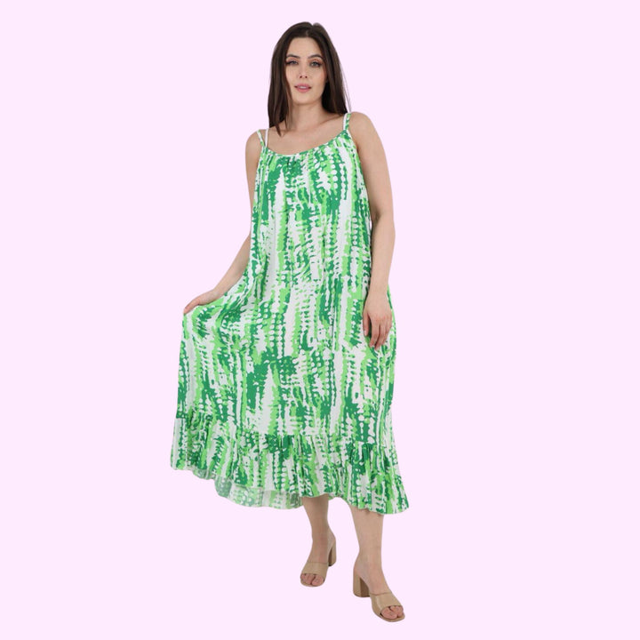 Italian Tie Dye Print Ruffle Hem Sleeveless Dress