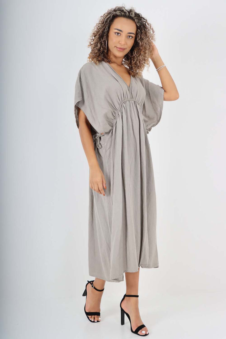 Italian Drawestring Front Flared Linen Dress