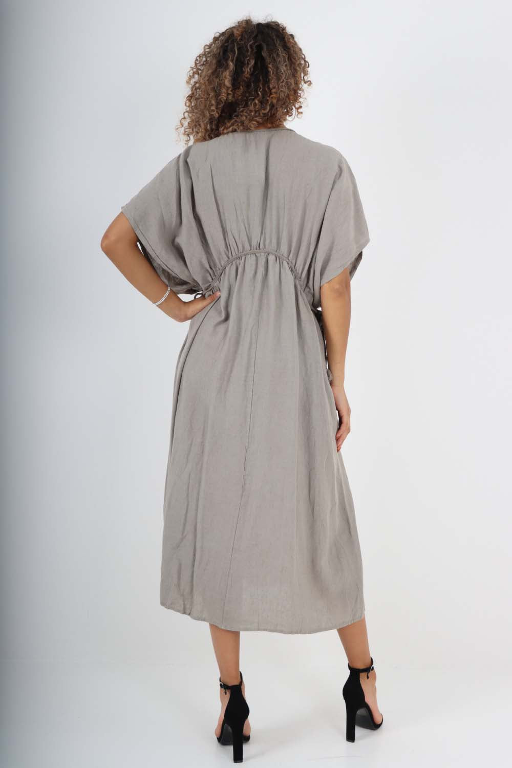 Italian Drawestring Front Flared Linen Dress