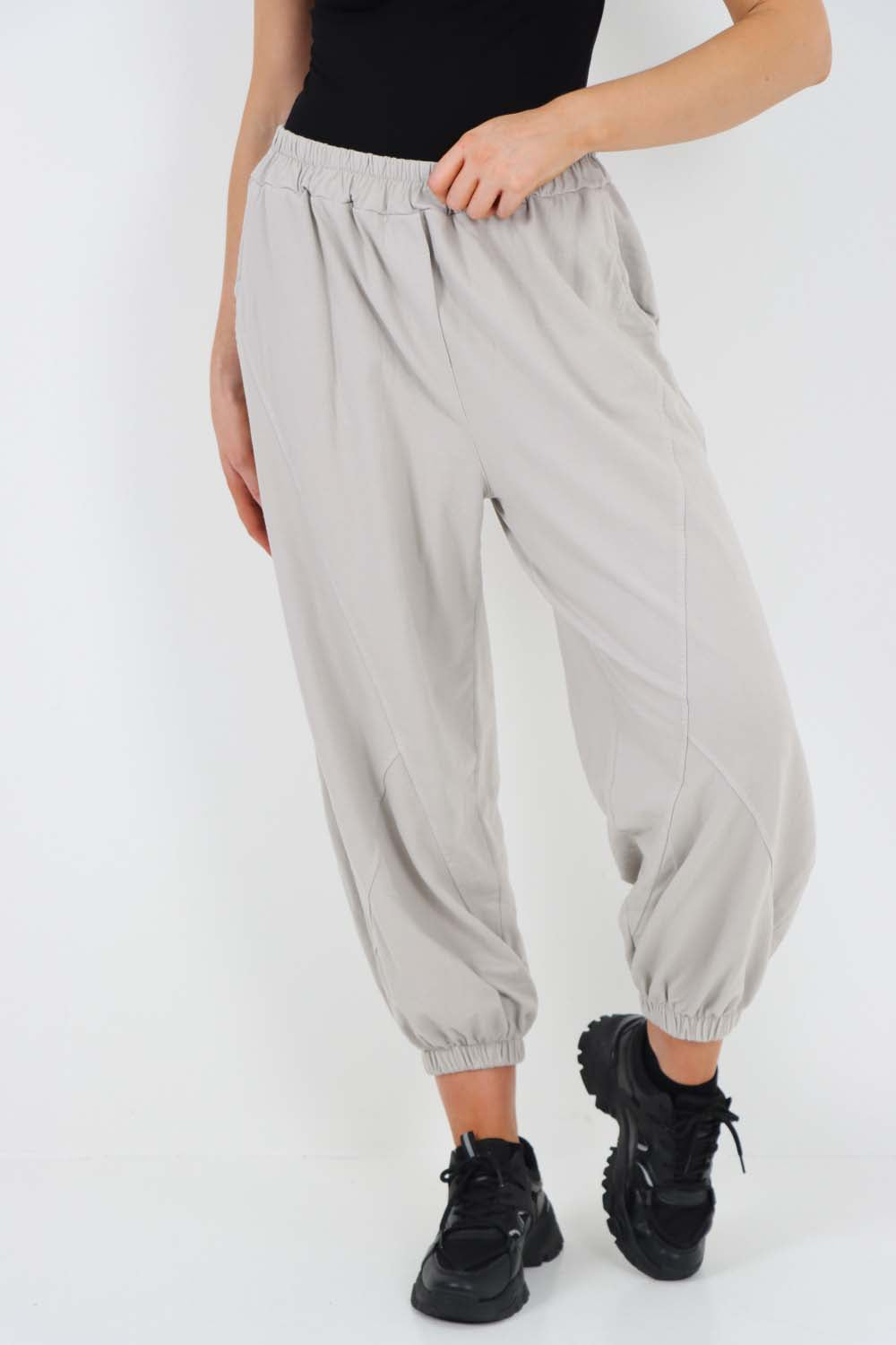 Italian Ruched Hem Cotton Trousers With Side Pockets