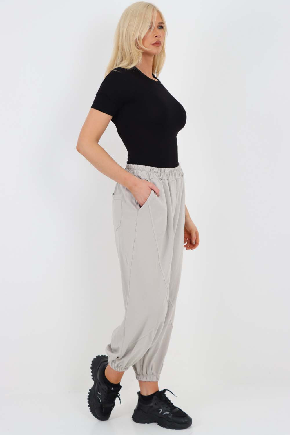 Italian Ruched Hem Cotton Trousers With Side Pockets