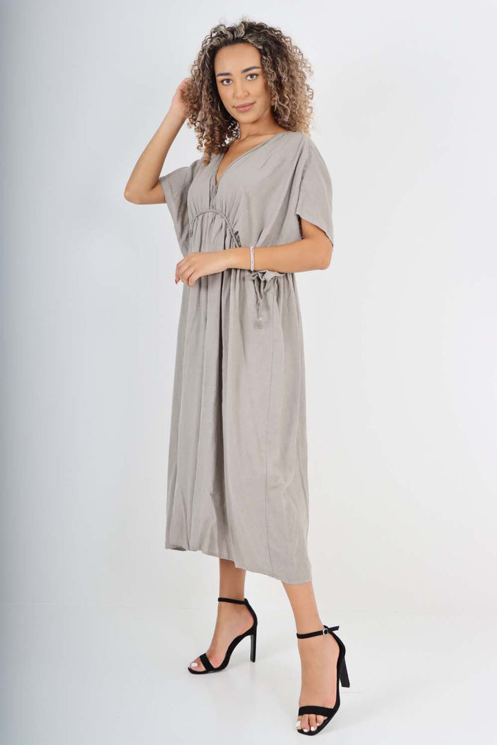 Italian Drawestring Front Flared Linen Dress