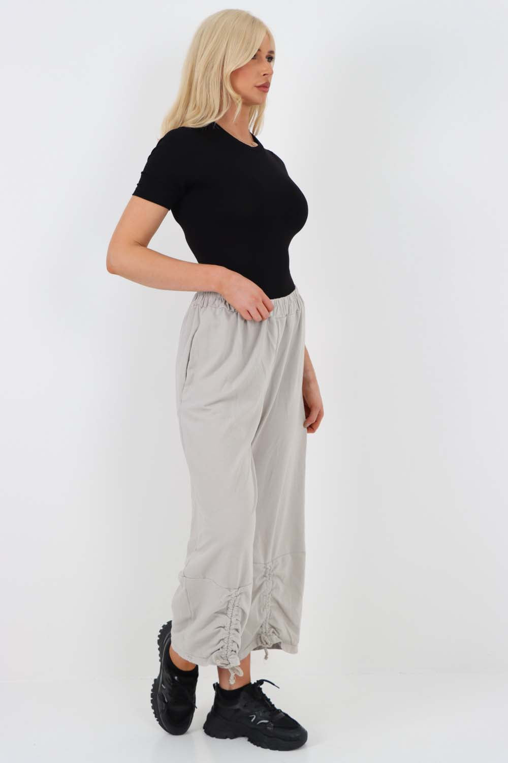 Italian Drawstring Hem Cotton Trousers With Side Pockets