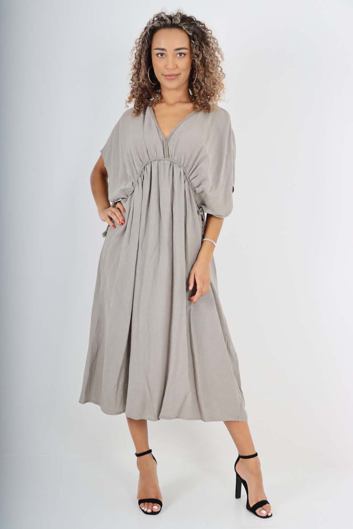 Italian Drawestring Front Flared Linen Dress