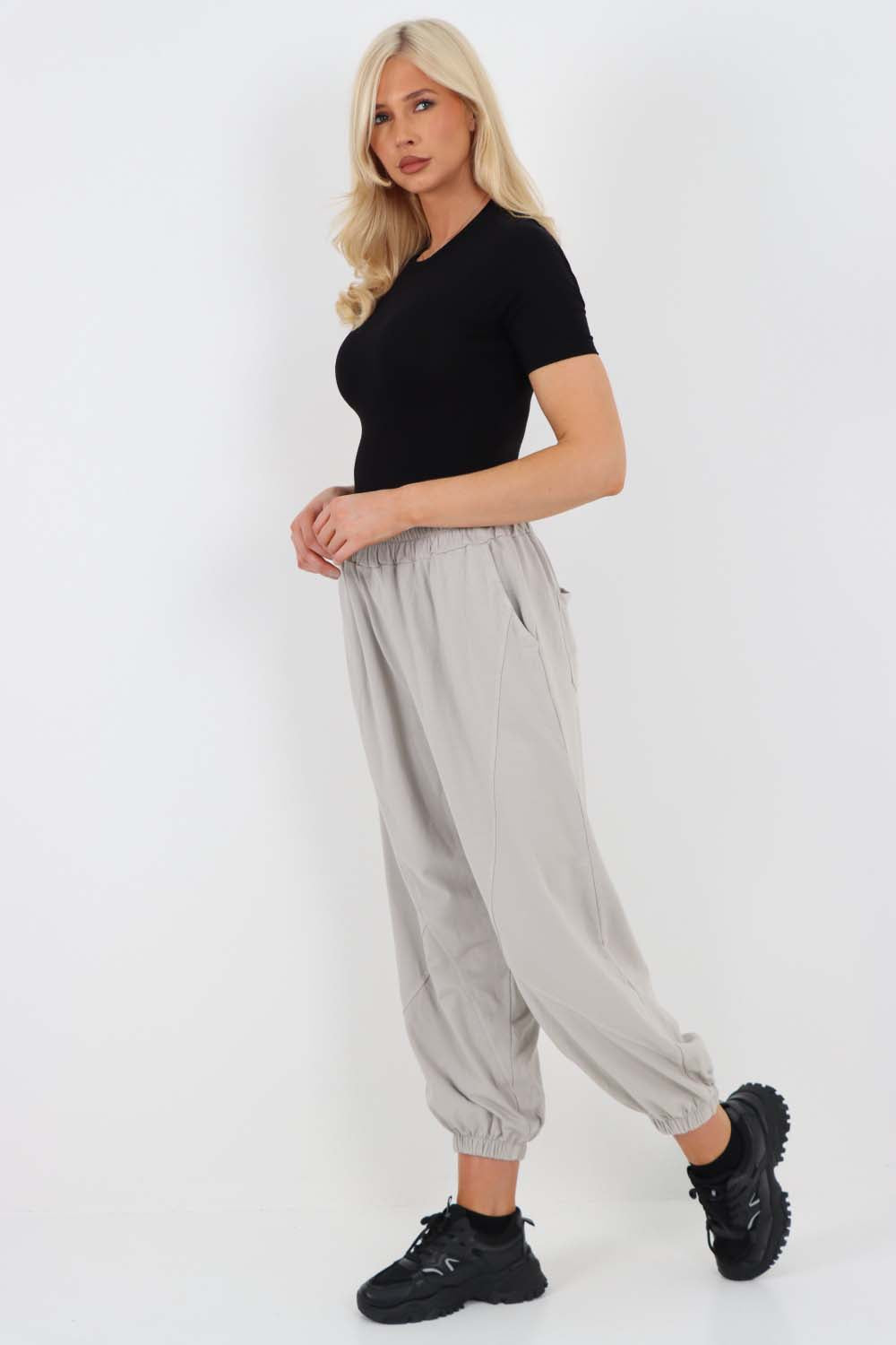 Italian Ruched Hem Cotton Trousers With Side Pockets