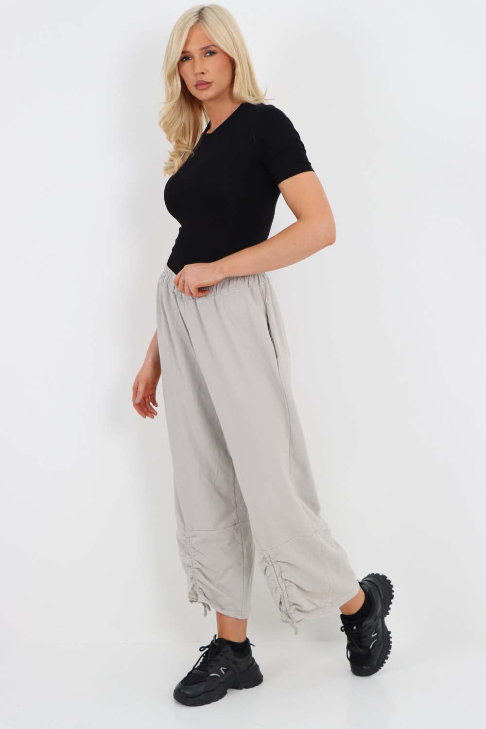 Italian Drawstring Hem Cotton Trousers With Side Pockets
