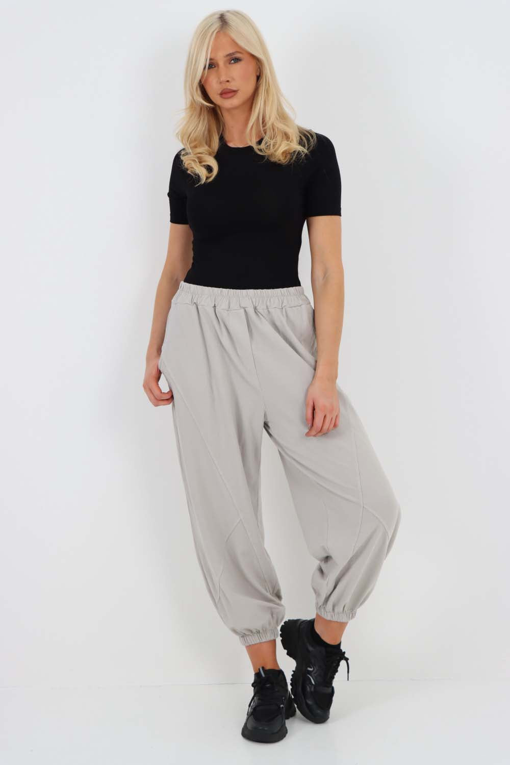 Italian Ruched Hem Cotton Trousers With Side Pockets