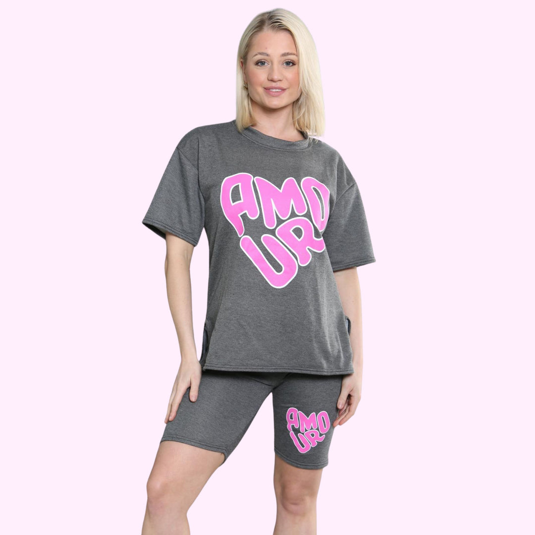 AMOUR Print Cycling Short Co Ord T Shirt Set