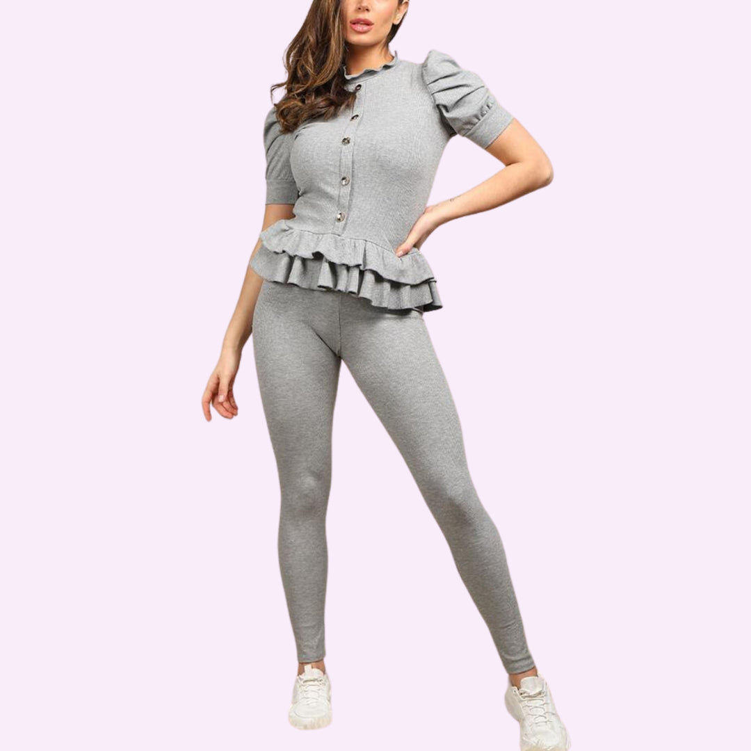 Suit with Ribbed Legging Co-Ord Top Gold Button Frill Hem Peplum Ribbed Lounge Set