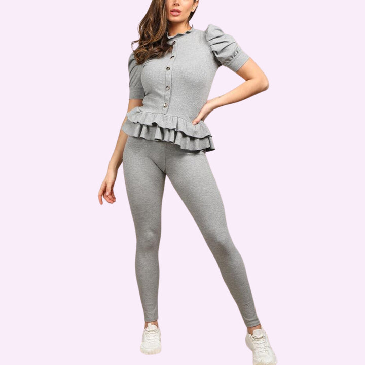Suit with Ribbed Legging Co-Ord Top Gold Button Frill Hem Peplum Ribbed Lounge Set