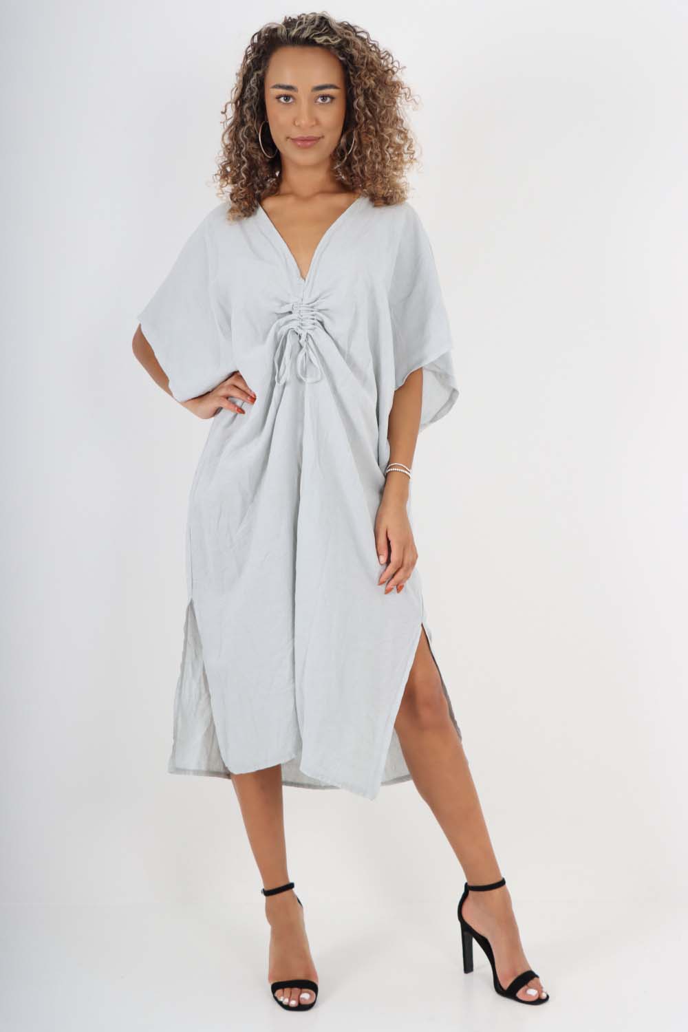 Italian Drawestring Front Side Split Linen Dress