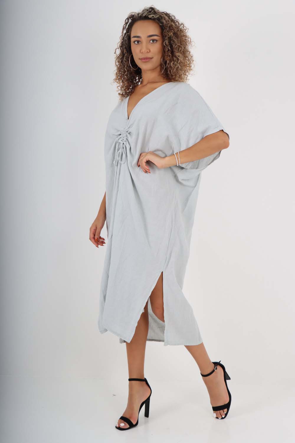 Italian Drawestring Front Side Split Linen Dress