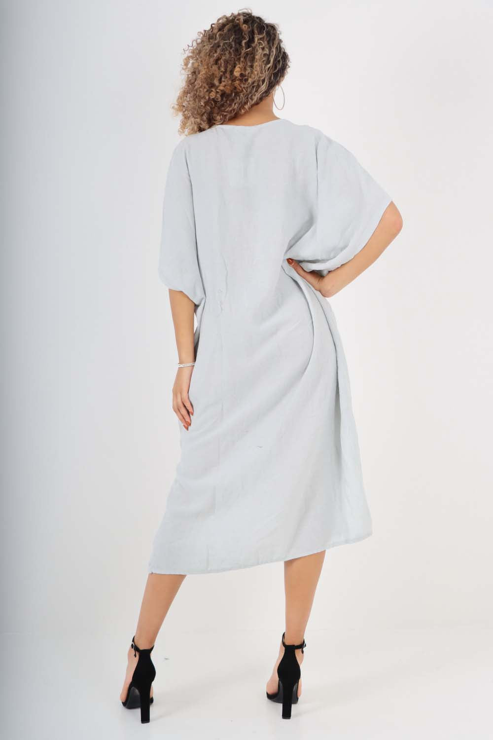 Italian Drawestring Front Side Split Linen Dress
