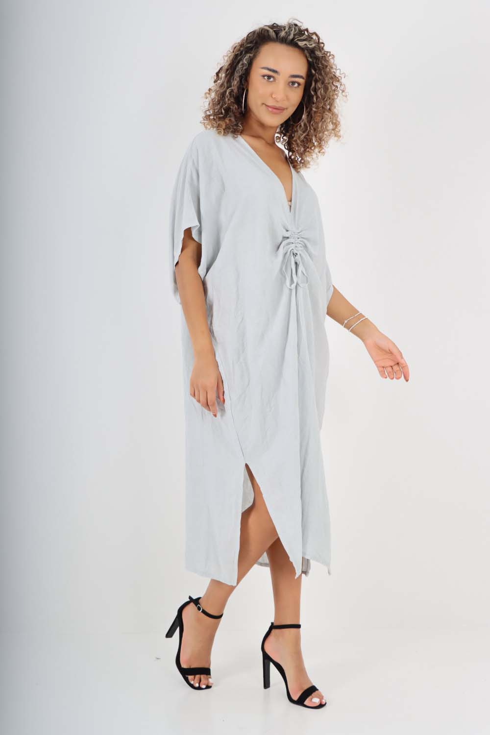 Italian Drawestring Front Side Split Linen Dress