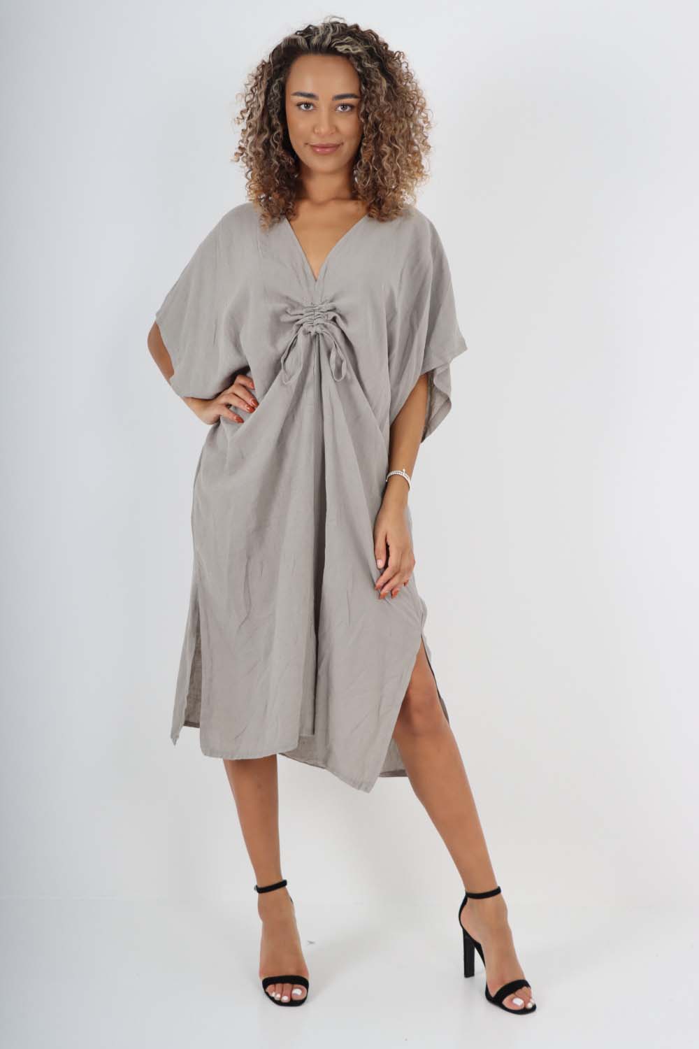 Italian Drawestring Front Side Split Linen Dress