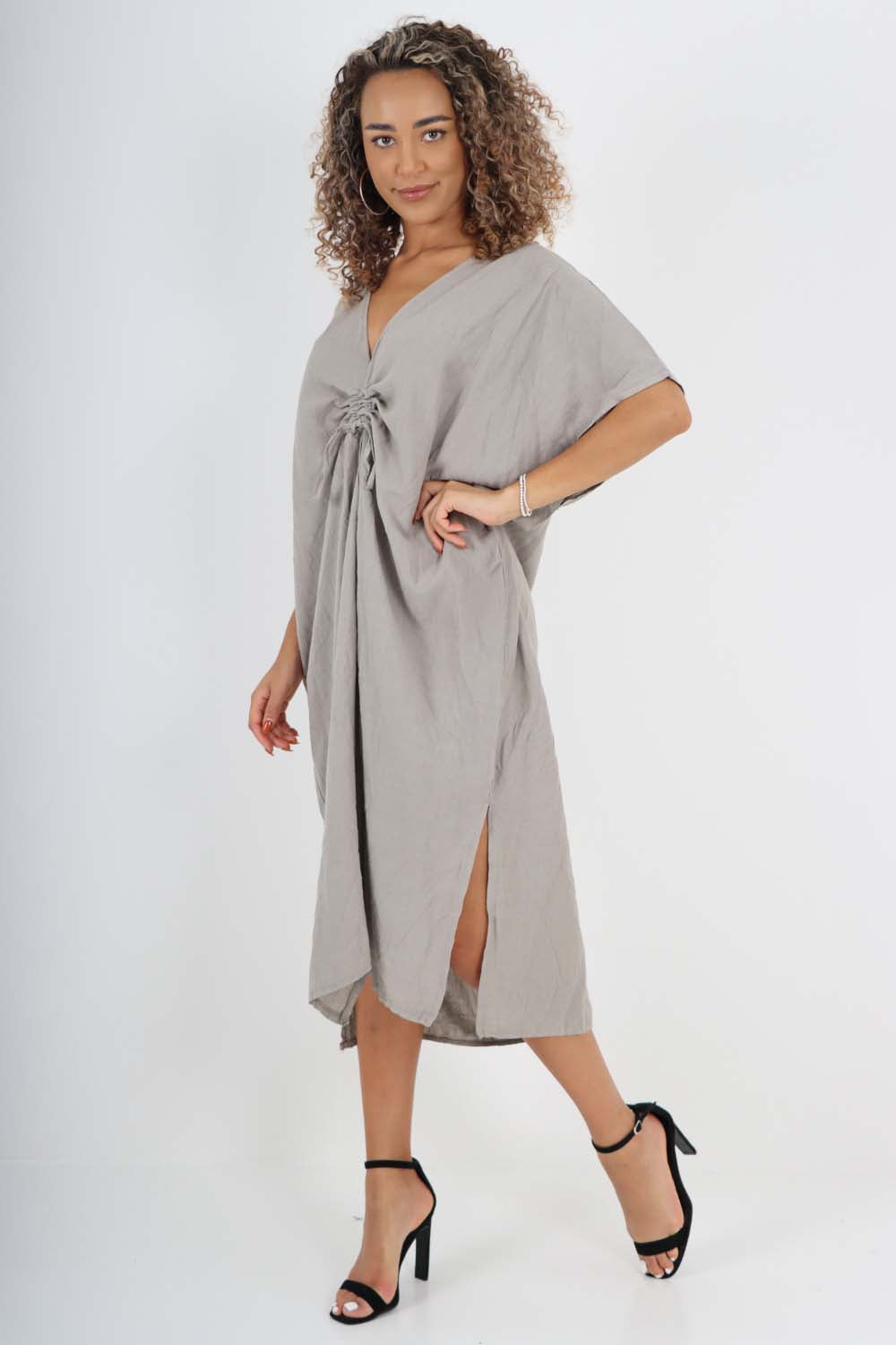 Italian Drawestring Front Side Split Linen Dress