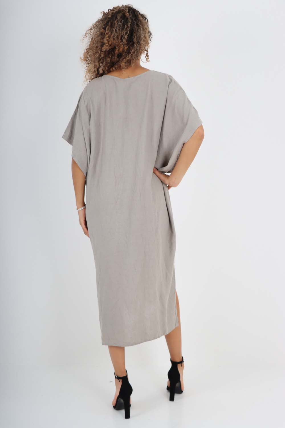 Italian Drawestring Front Side Split Linen Dress