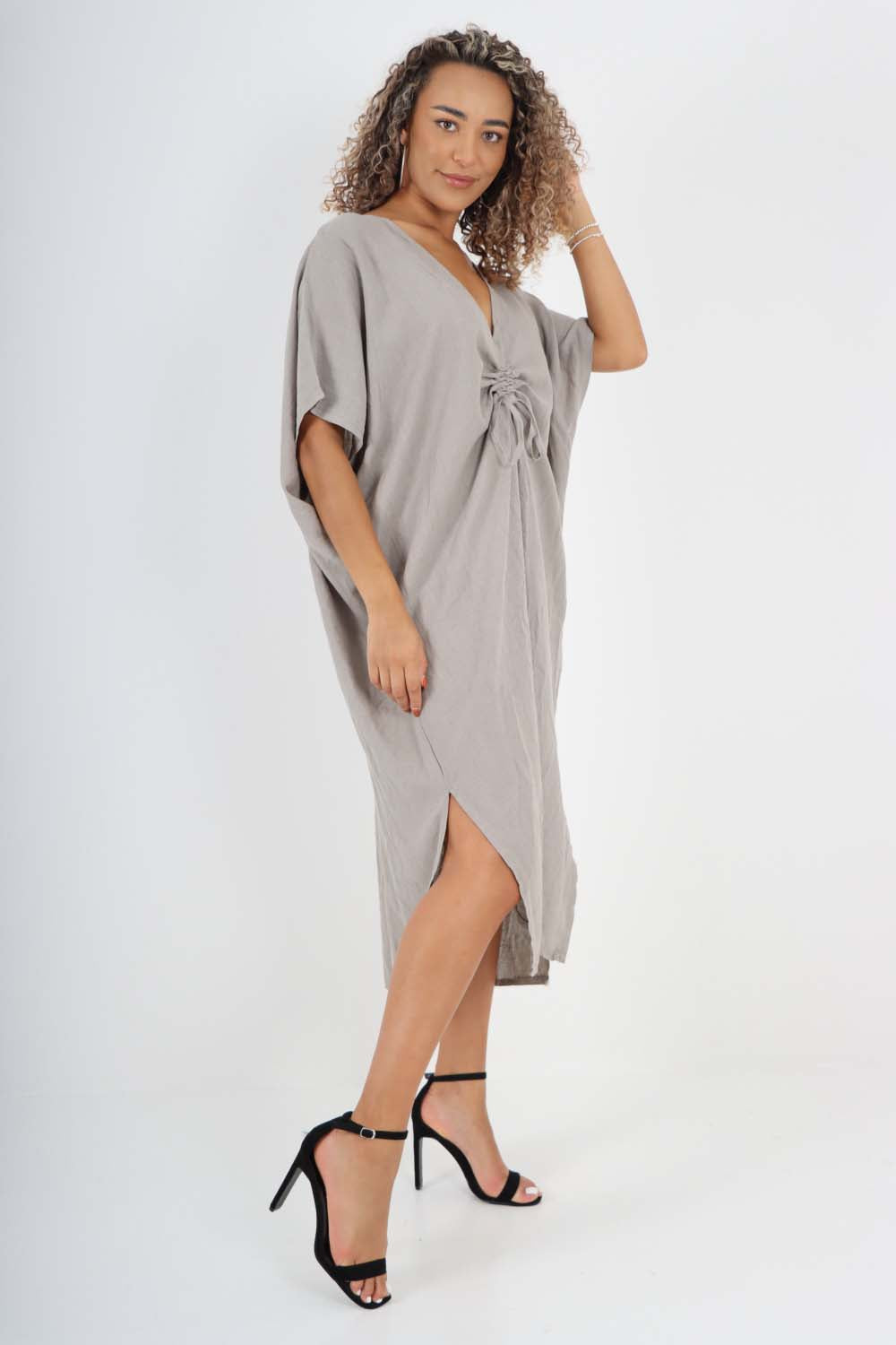 Italian Drawestring Front Side Split Linen Dress