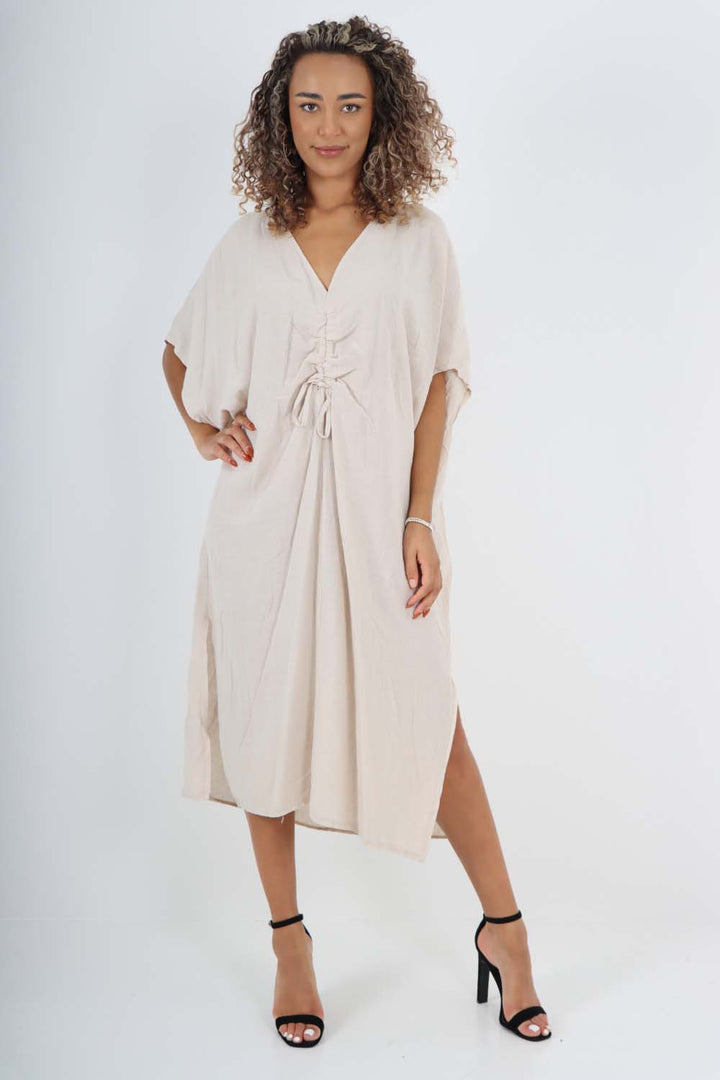 Italian Drawestring Front Side Split Linen Dress