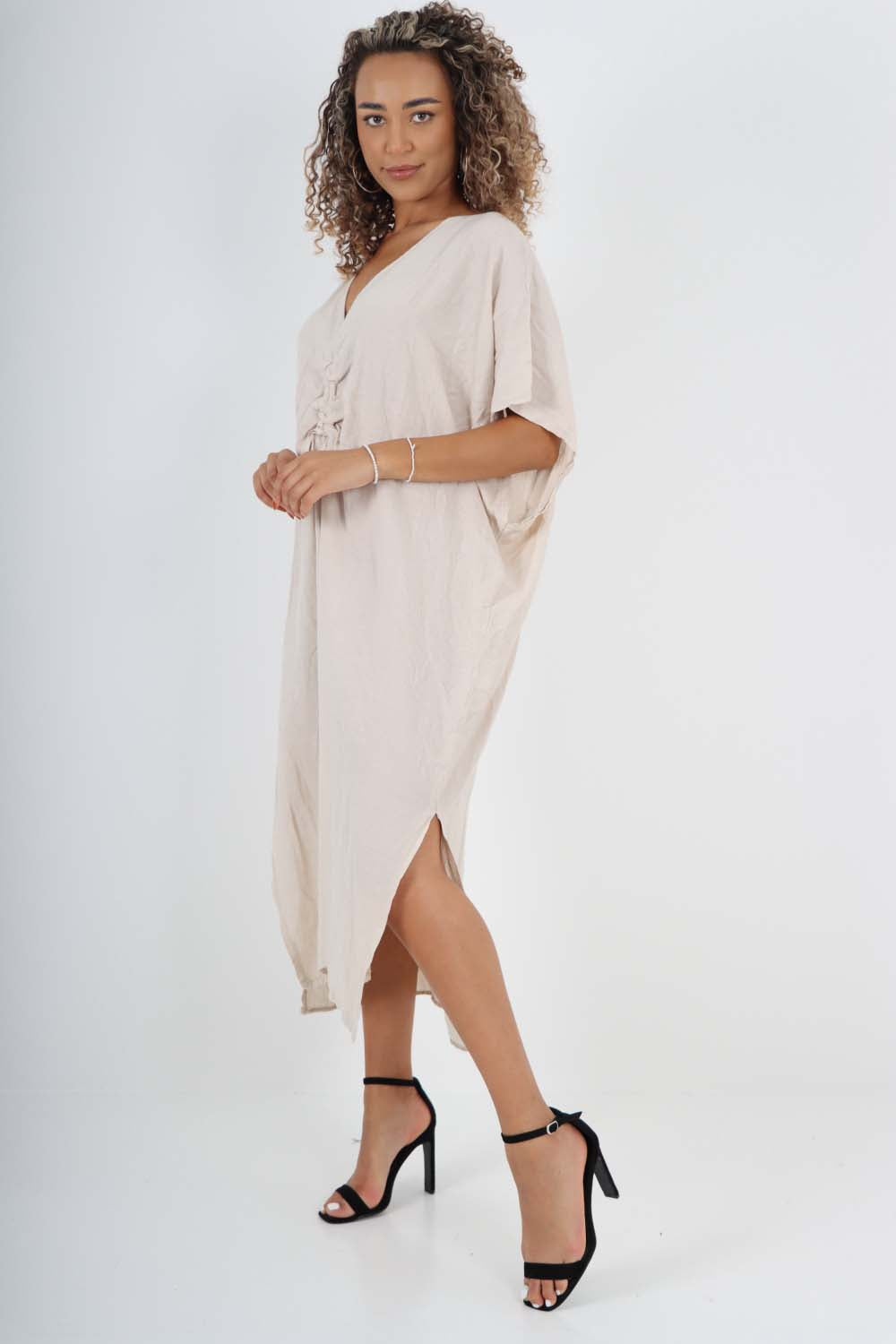 Italian Drawestring Front Side Split Linen Dress