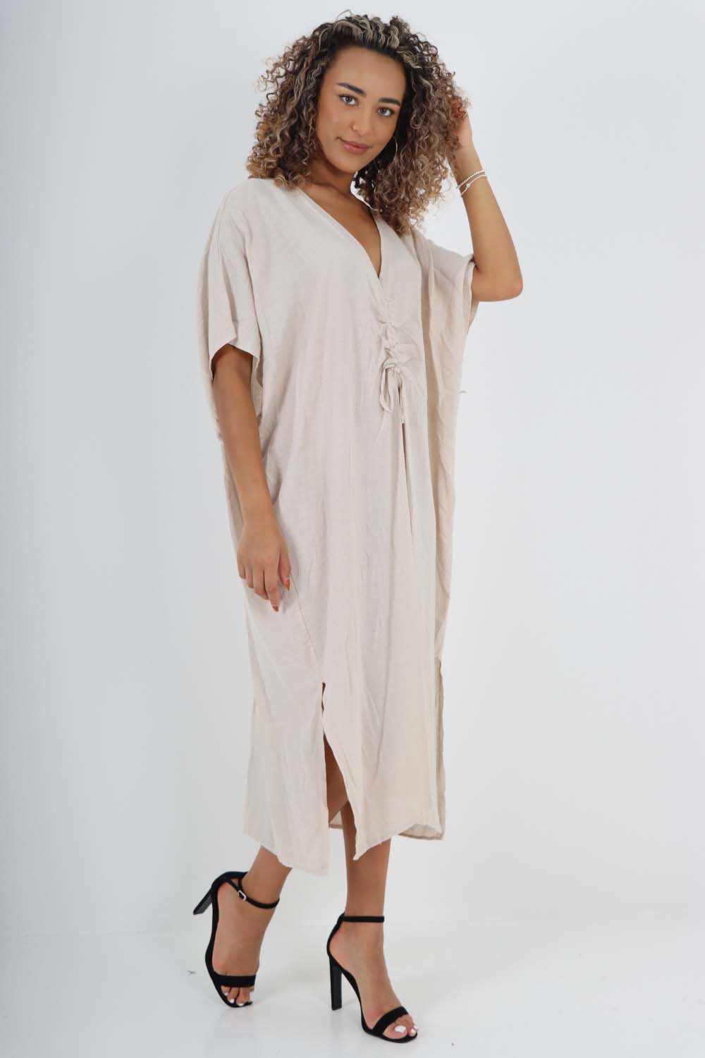 Italian Drawestring Front Side Split Linen Dress