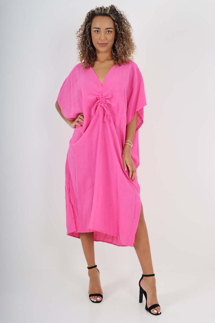 Italian Drawestring Front Side Split Linen Dress