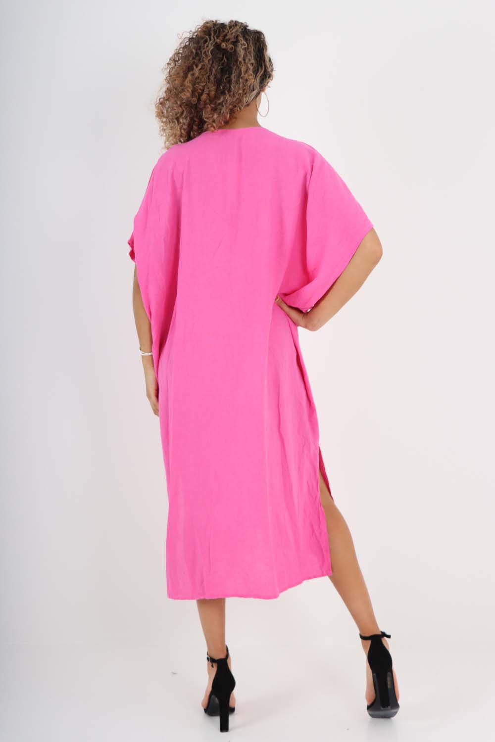 Italian Drawestring Front Side Split Linen Dress