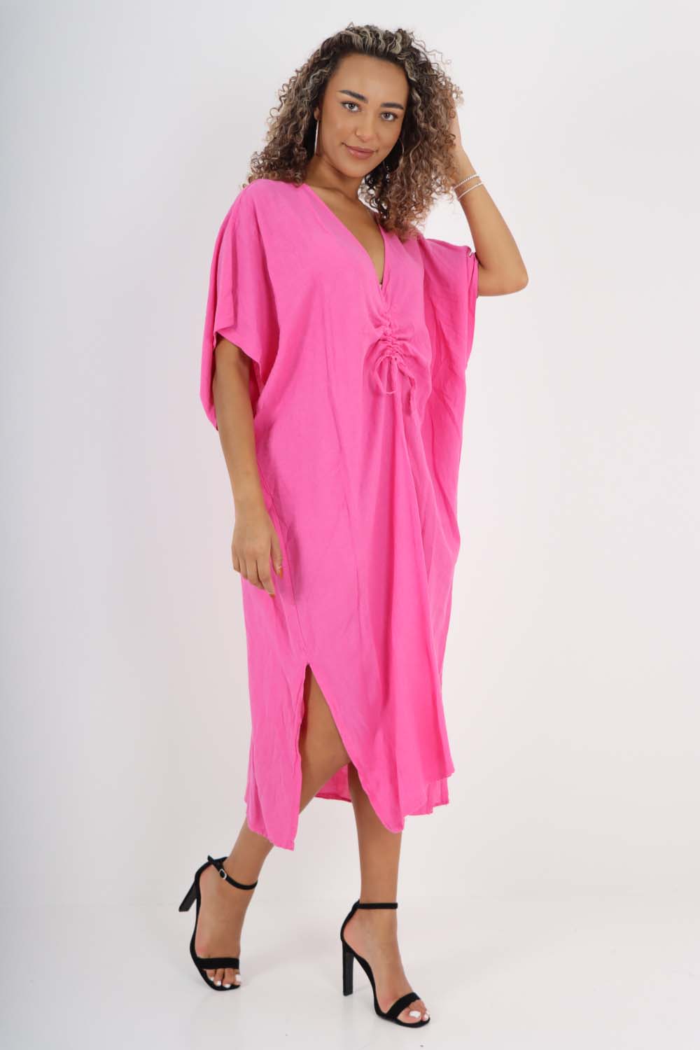 Italian Drawestring Front Side Split Linen Dress