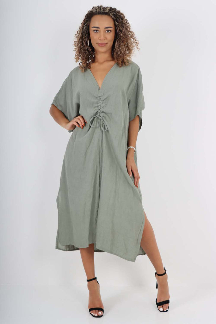 Italian Drawestring Front Side Split Linen Dress