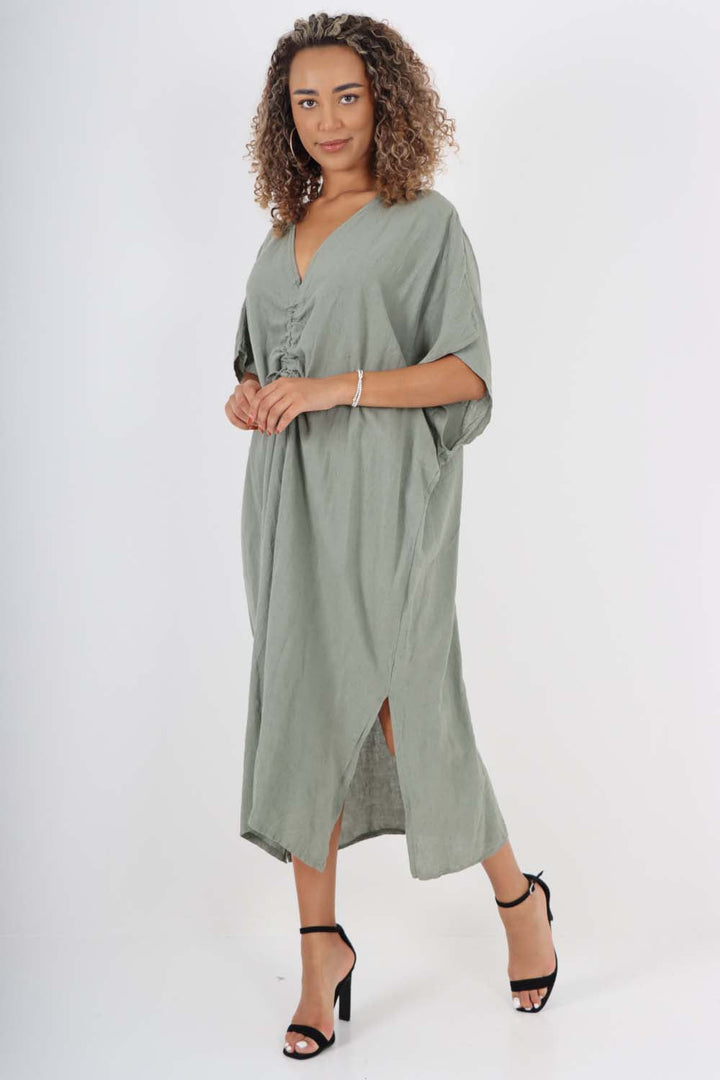 Italian Drawestring Front Side Split Linen Dress