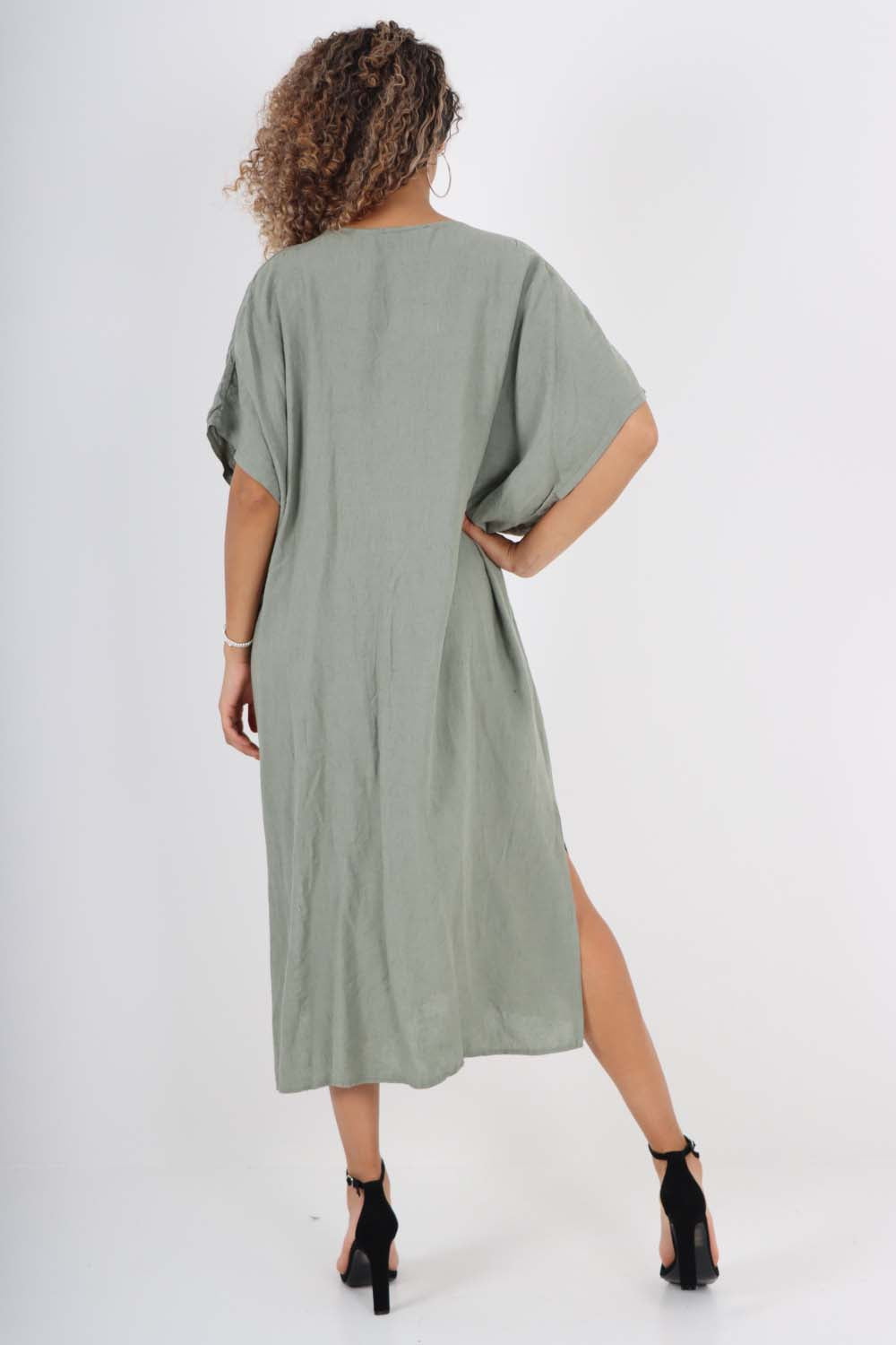 Italian Drawestring Front Side Split Linen Dress