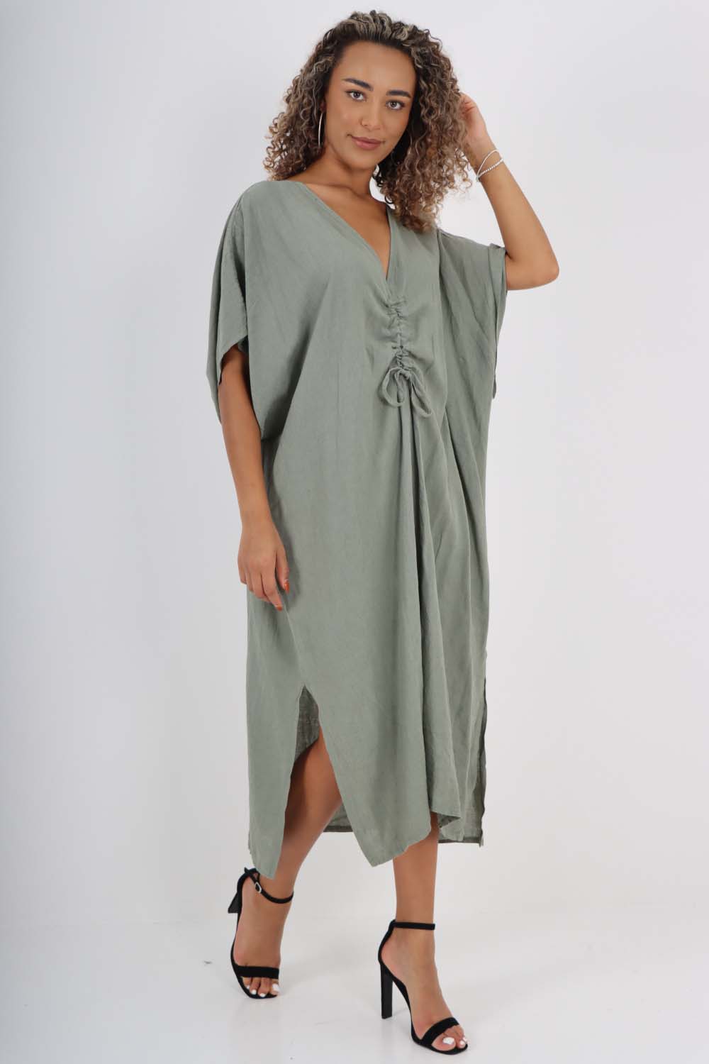 Italian Drawestring Front Side Split Linen Dress