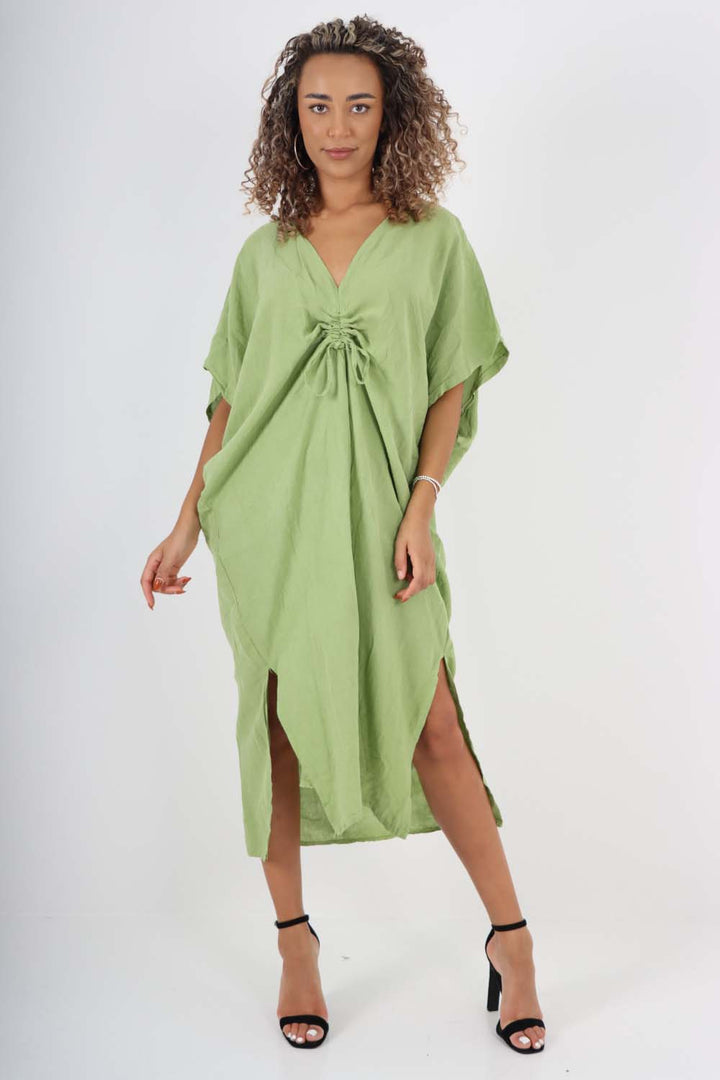 Italian Drawestring Front Side Split Linen Dress