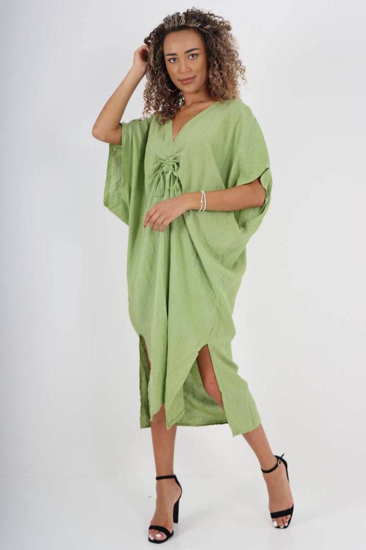 Italian Drawestring Front Side Split Linen Dress