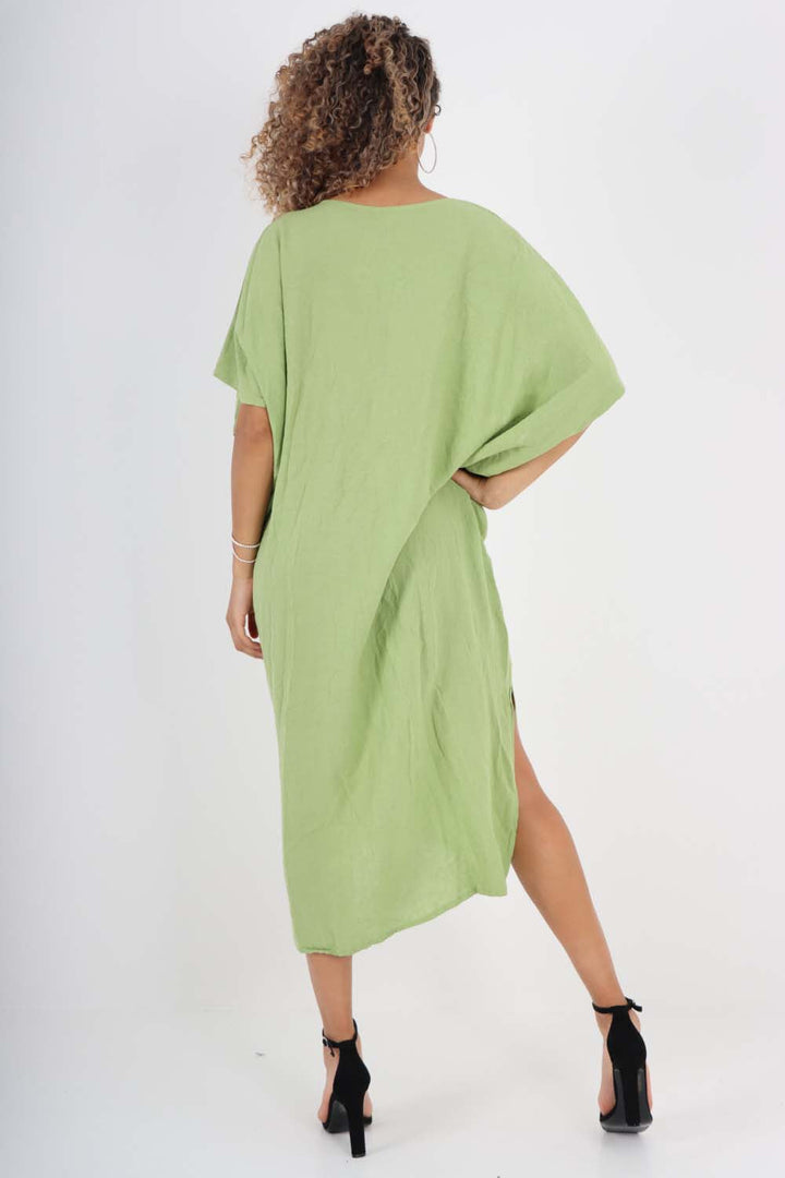 Italian Drawestring Front Side Split Linen Dress