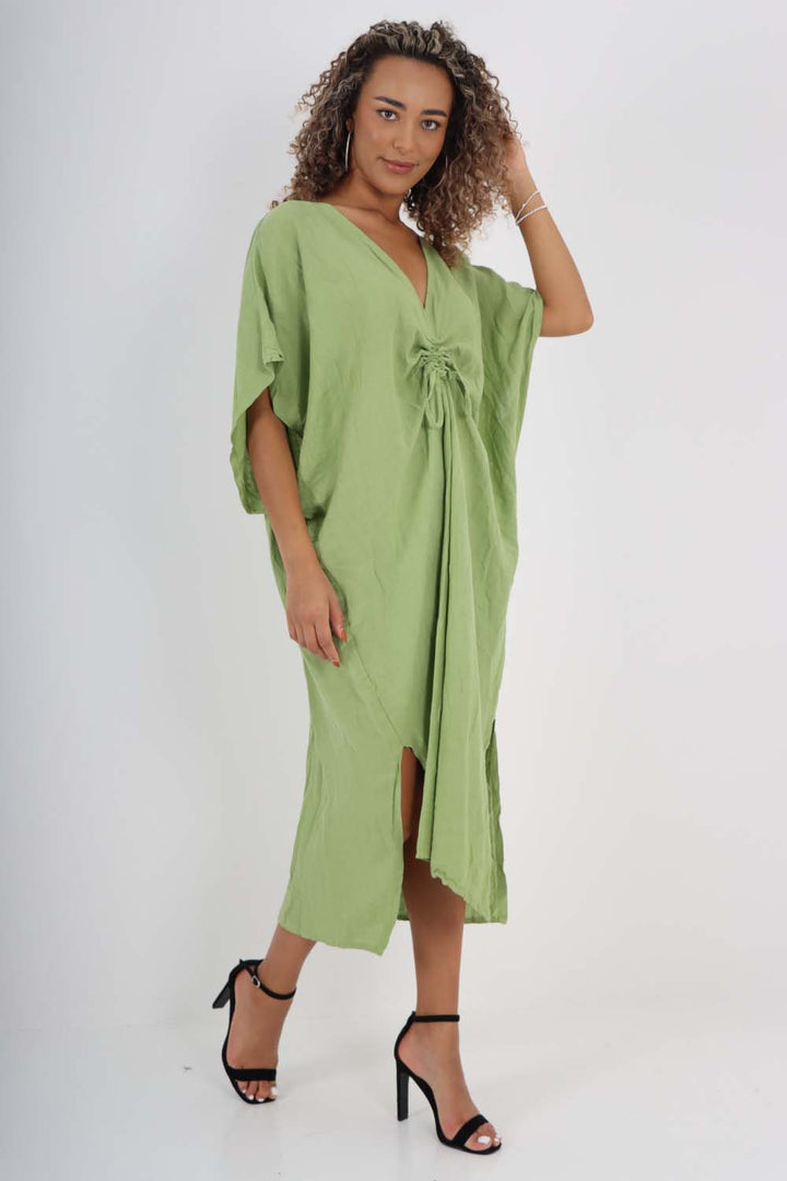 Italian Drawestring Front Side Split Linen Dress