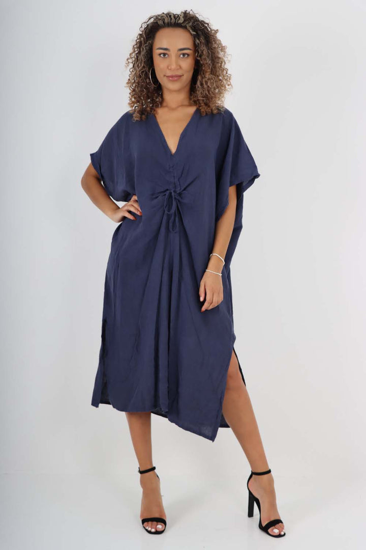 Italian Drawestring Front Side Split Linen Dress