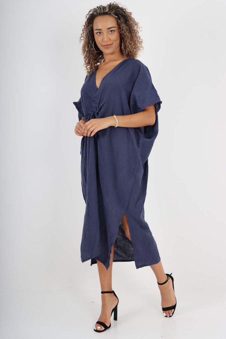 Italian Drawestring Front Side Split Linen Dress