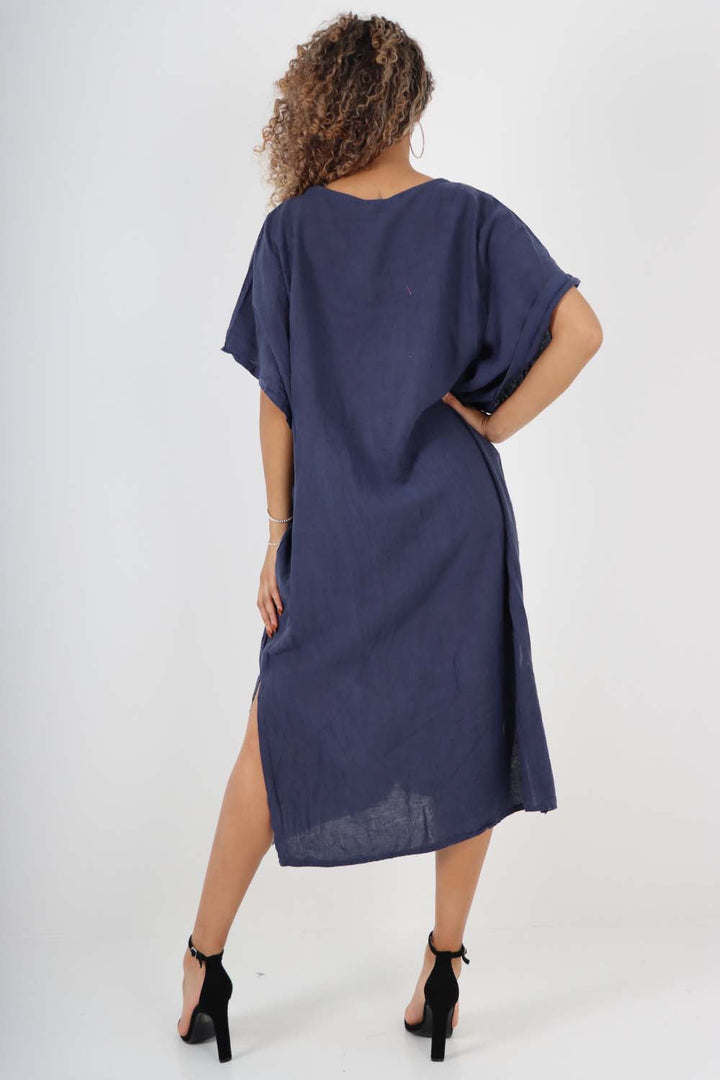 Italian Drawestring Front Side Split Linen Dress