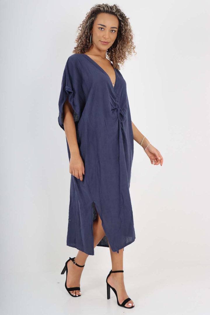 Italian Drawestring Front Side Split Linen Dress